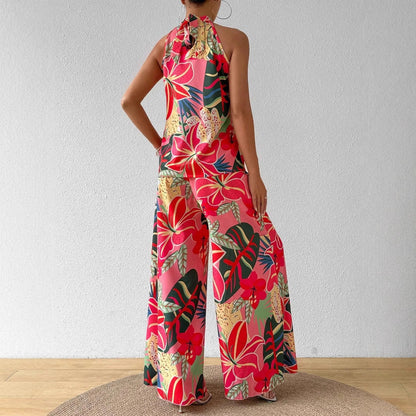 Ensemble débardeur imprimé à col rond et pantalon large pour femme