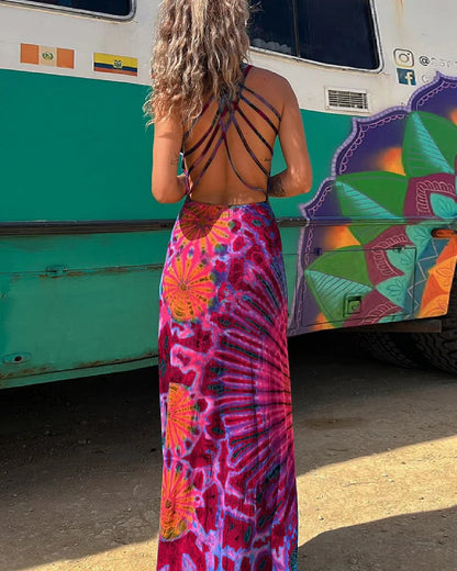 Robe maxi dos nu à motifs géométriques vibrants Amelie Morin