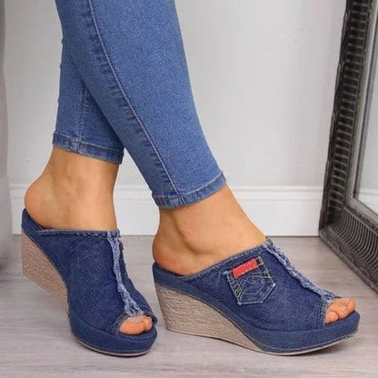Chic Denim Wedge Sandals by Elizabeth Ainsley
