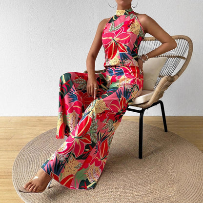 Ensemble débardeur imprimé à col rond et pantalon large pour femme