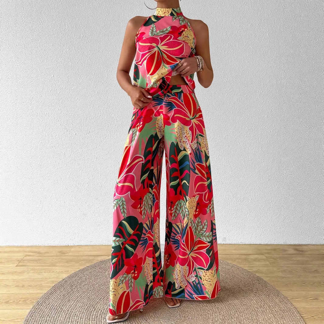 Ensemble débardeur imprimé à col rond et pantalon large pour femme
