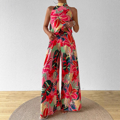 Ensemble débardeur imprimé à col rond et pantalon large pour femme