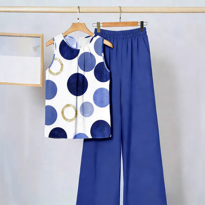 Ensemble deux pièces imprimé tendance pour femme : débardeur asymétrique sans manches et pantalon.