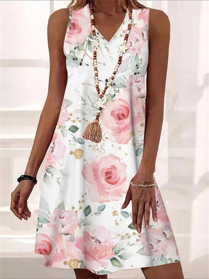 Robe sans manches à col en V fleurie par Amélie Morin