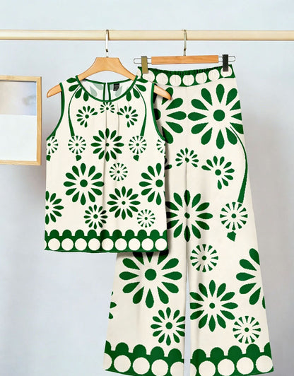 Ensemble deux pièces imprimé tendance pour femme : débardeur asymétrique sans manches et pantalon.