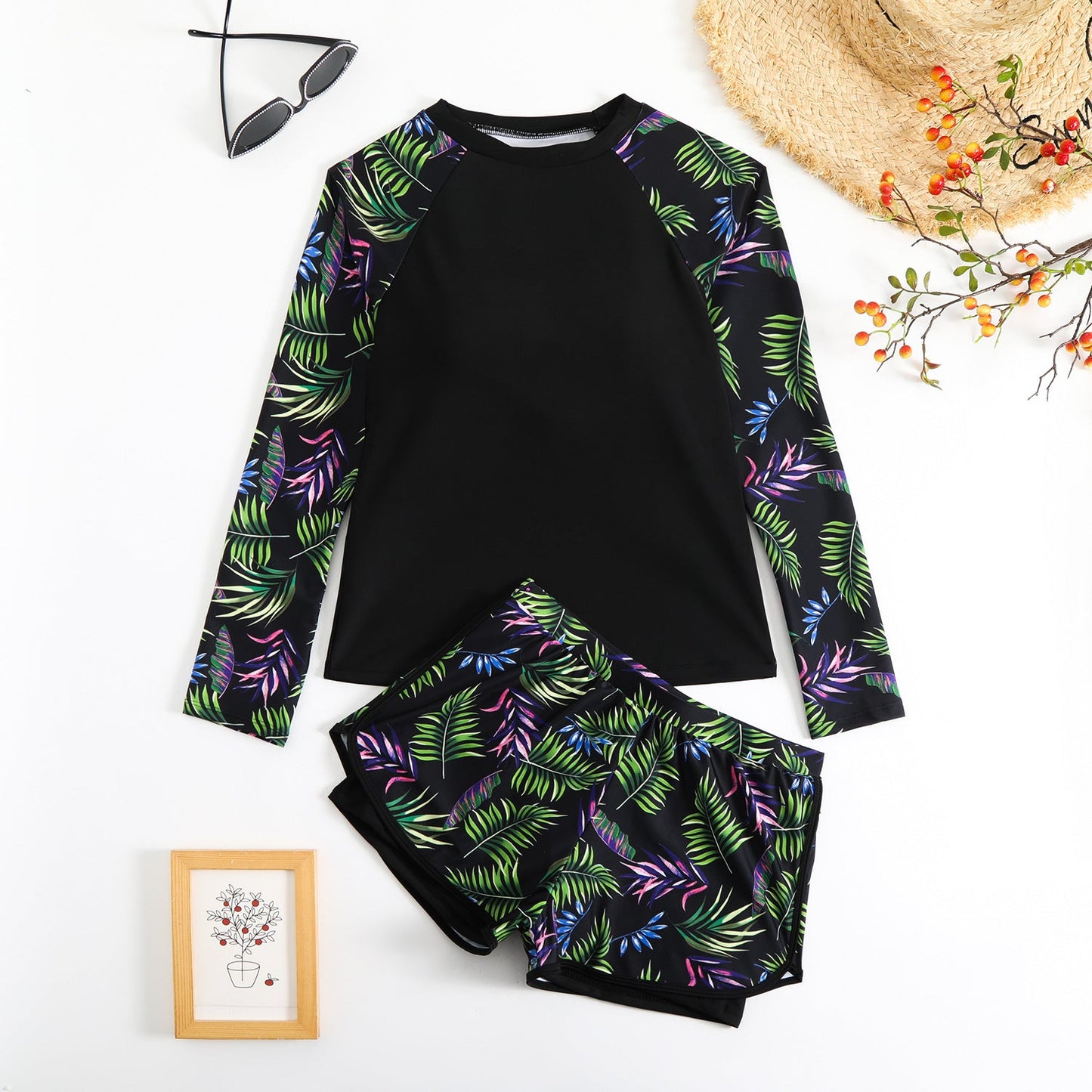 Ensemble tankini à manches longues imprimé feuilles Amélie Morin