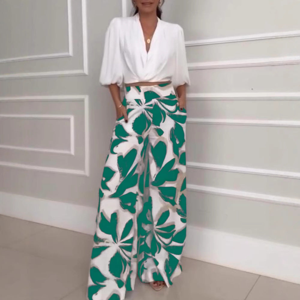 Ensemble pantalon large décontracté et tendance à manches trois-quarts pour femme, style mondain