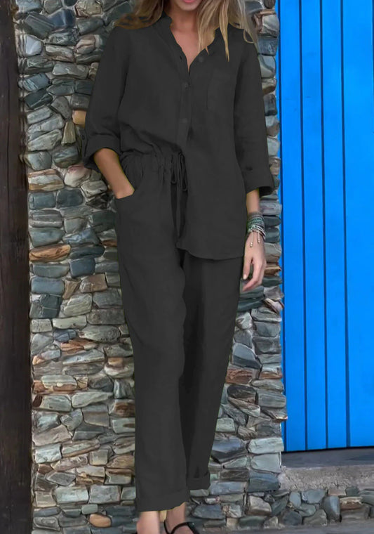 Ensemble chic en coton et lin Amelie Morin, pantalon taille haute