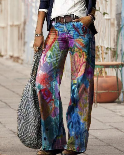 Pantalon large à motif floral artistique par Amélie Morin