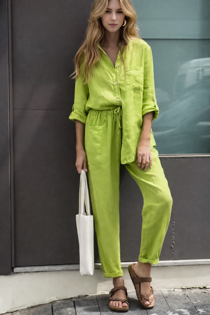 Ensemble chic en coton et lin Amelie Morin, pantalon taille haute