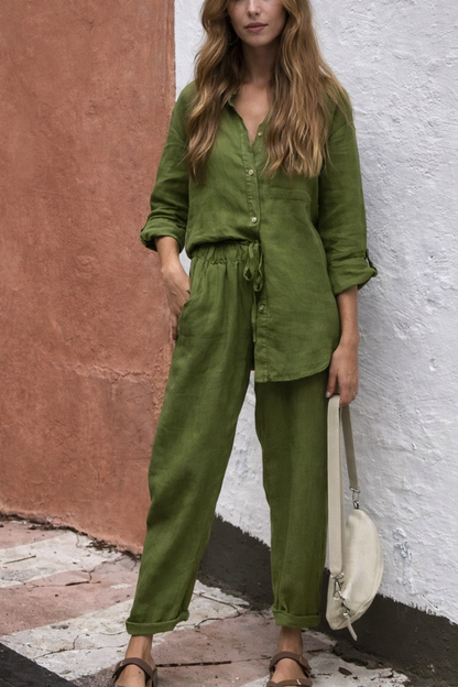 Ensemble chic en coton et lin Amelie Morin, pantalon taille haute