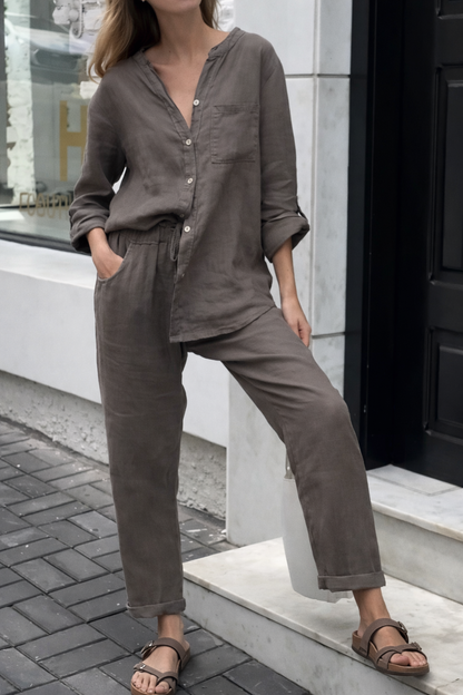 Ensemble chic en coton et lin Amelie Morin, pantalon taille haute
