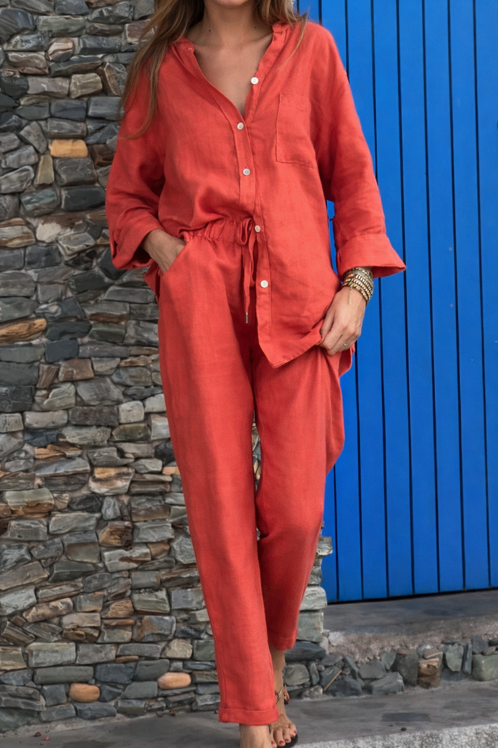 Ensemble chic en coton et lin Amelie Morin, pantalon taille haute