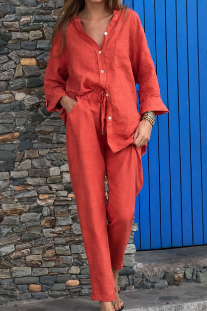 Ensemble chic en coton et lin Amelie Morin, pantalon taille haute