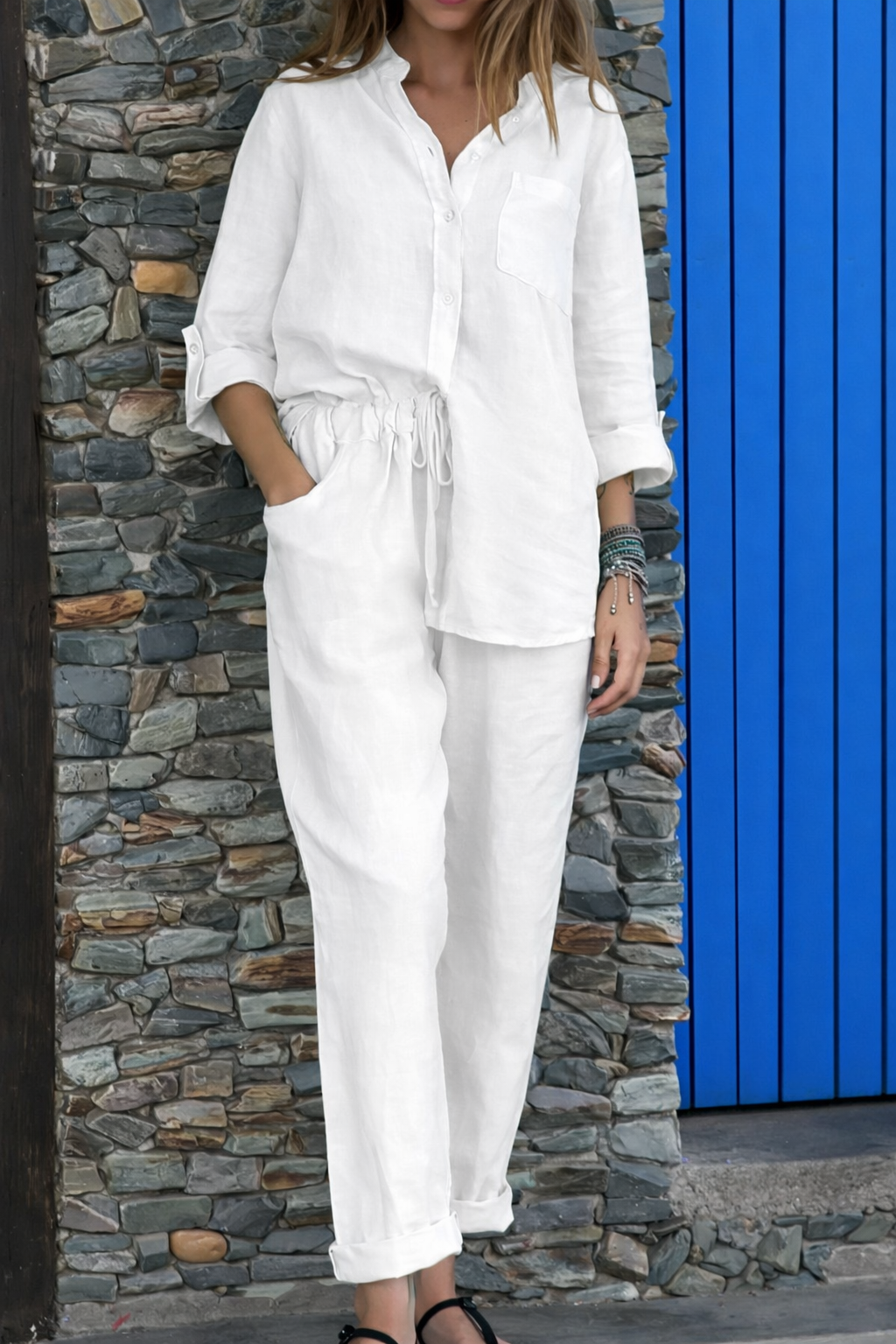 Ensemble chic en coton et lin Amelie Morin, pantalon taille haute