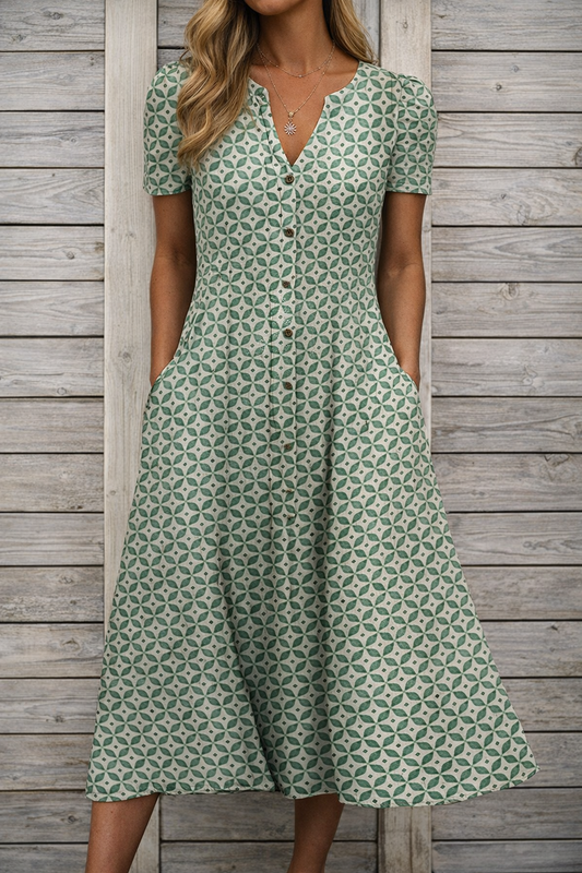 Robe longue imprimée à col en V par Amélie Morin