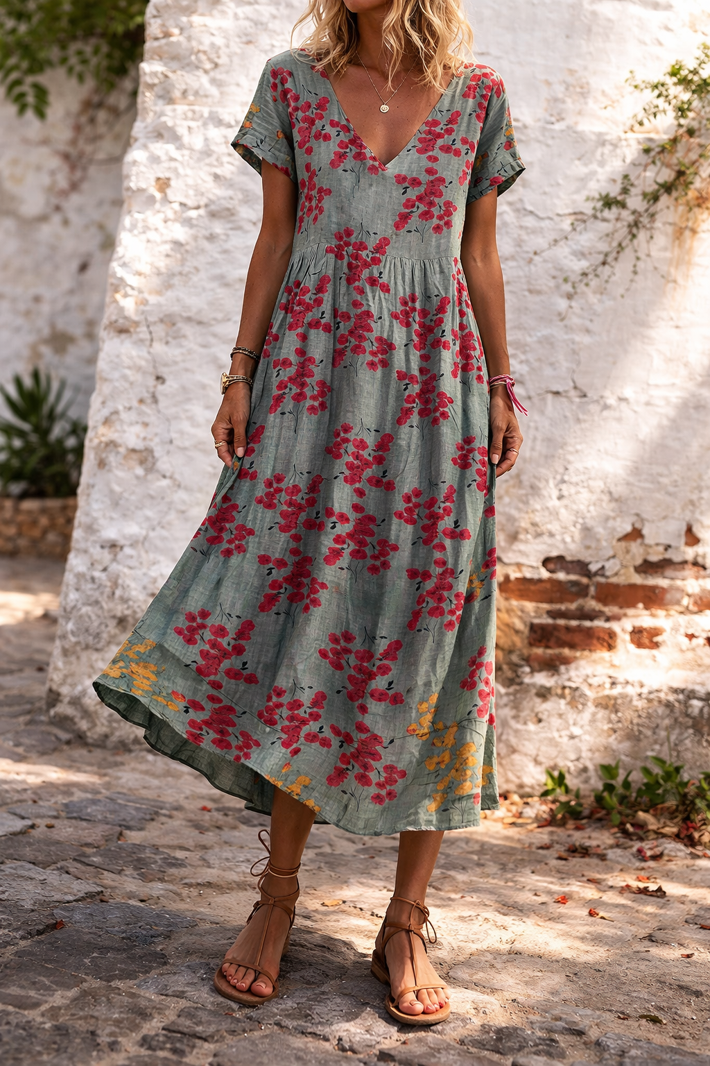 Robe longue maxi en coton à col V et imprimé floral, signée Amélie Morin