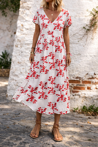 Robe longue maxi en coton à col V et imprimé floral, signée Amélie Morin