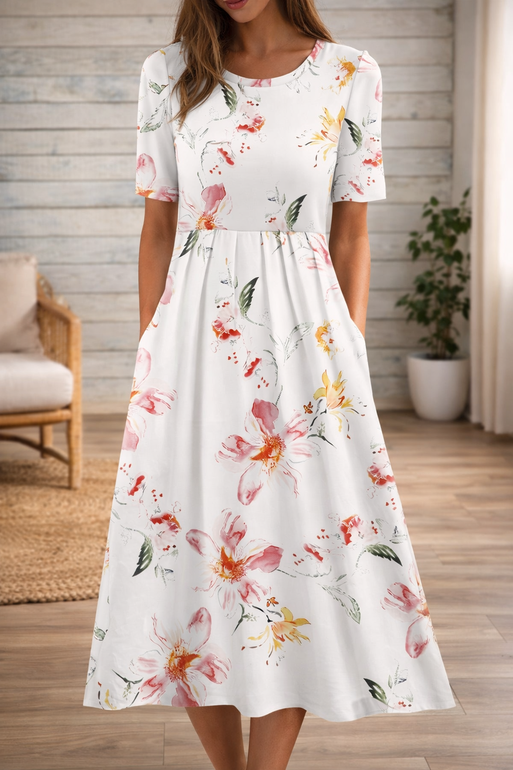Robe à col rond imprimée de fleurs par Amélie Morin