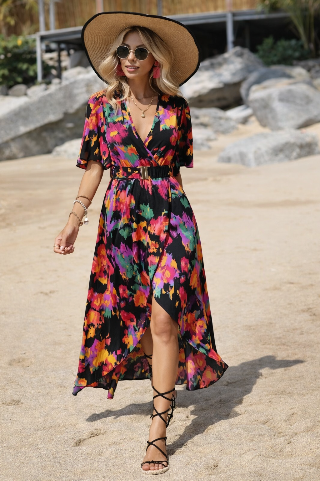 Robe asymétrique à col en V éclatante signée Amélie Morin
