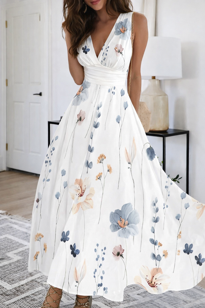 Robe fleurie à col V et taille haute signée Amélie Morin