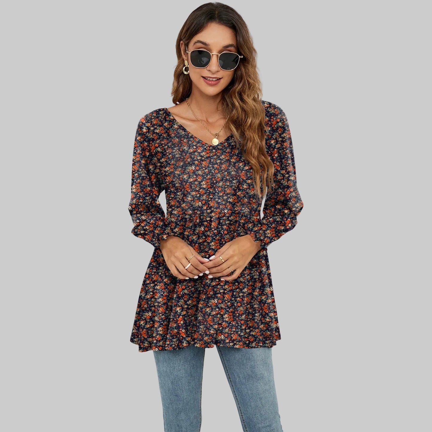 Top à manches bouffantes et col en V à imprimé floral par Amélie Morin