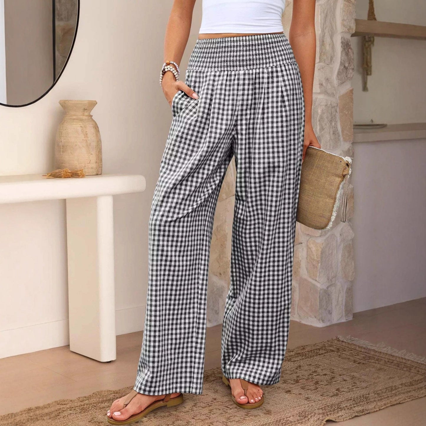 Pantalon décontracté à carreaux, coupe ample, jambes larges, avec poches