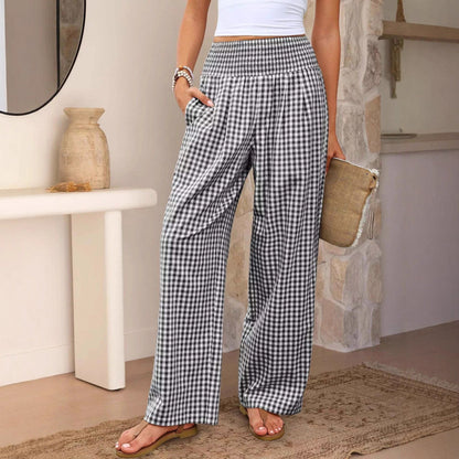 Pantalon décontracté à carreaux, coupe ample, jambes larges, avec poches