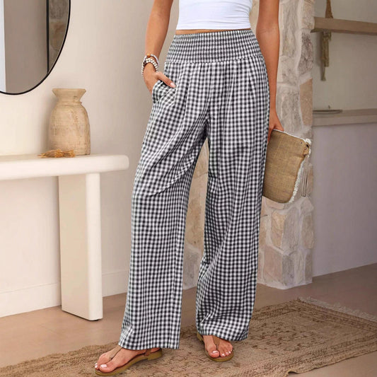 Pantalon décontracté à carreaux, coupe ample, jambes larges, avec poches