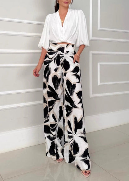 Ensemble pantalon large décontracté et tendance à manches trois-quarts pour femme, style mondain