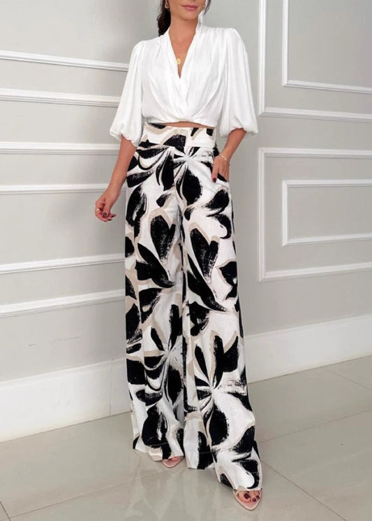 Ensemble pantalon large décontracté et tendance à manches trois-quarts pour femme, style mondain