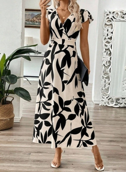 Robe longue imprimée élégante à col en V signée Amélie Morin