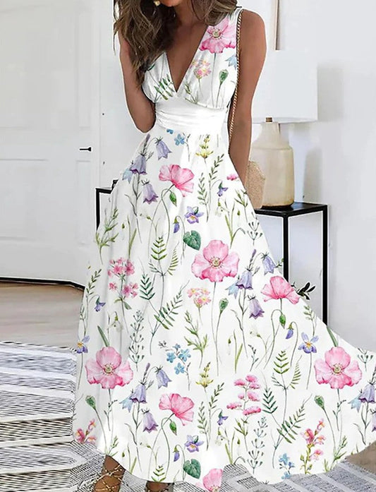 Robe fleurie à col V et taille haute signée Amélie Morin