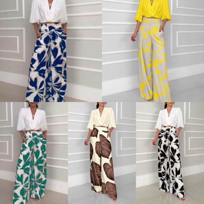 Ensemble pantalon large décontracté et tendance à manches trois-quarts pour femme, style mondain