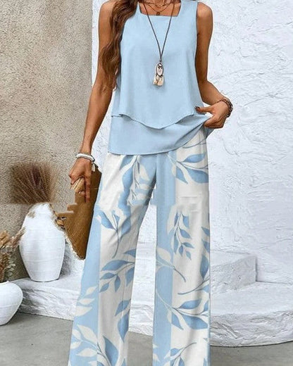 Ensemble imprimé : gilet sans manches double épaisseur et pantalon droit ample (vêtements pour femmes)