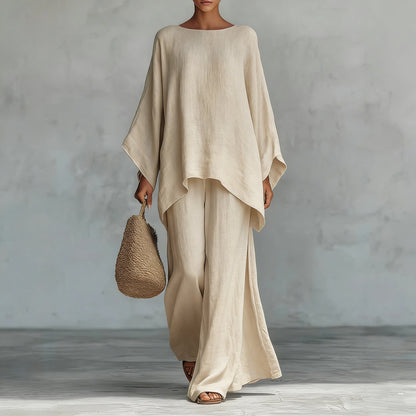 Ensemble minimaliste pour femme composé d'un haut décontracté et d'un pantalon large