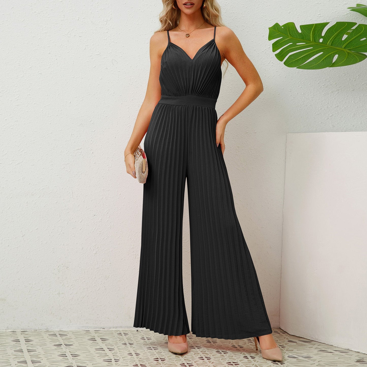 Combinaison-pantalon plissée à bretelles et col en V, couleur unie, pantalon droit ample, vêtements pour femmes