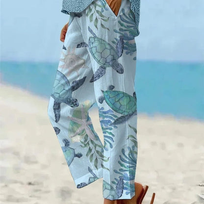 Sea Turtle Print Elizabeth Ainsley Cropped Pants