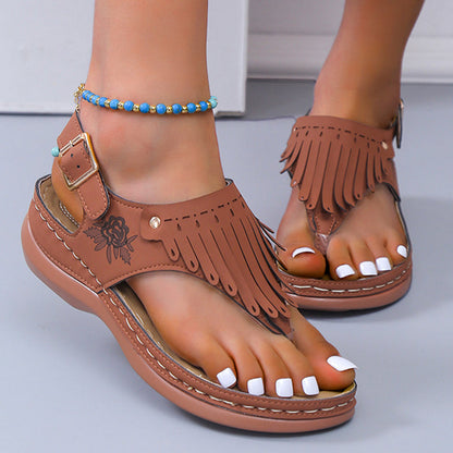 Boho Fringe Elizabeth Ainsley Wedge Thong Sandals