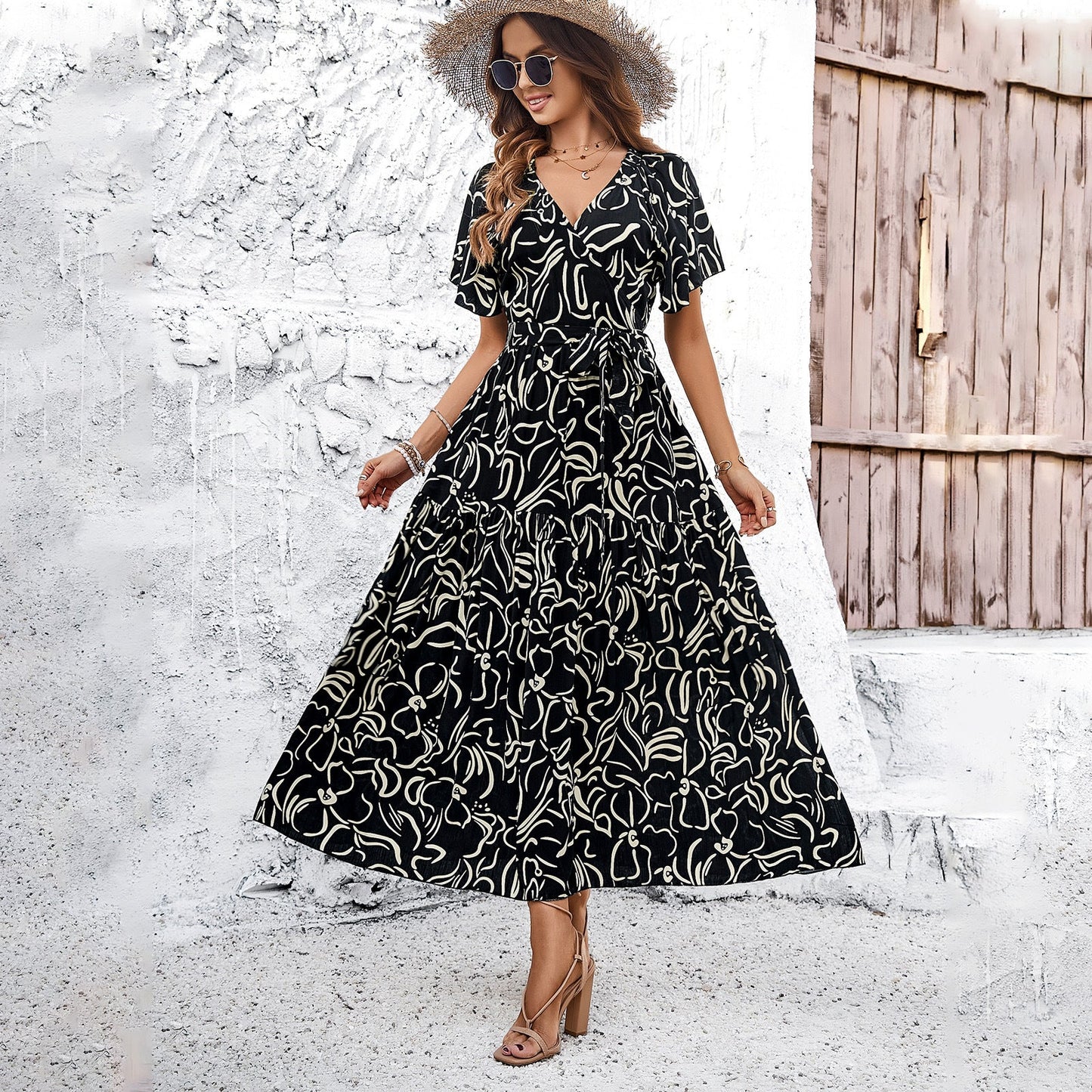 Robe midi à manches courtes géométrique chic Amelie Morin