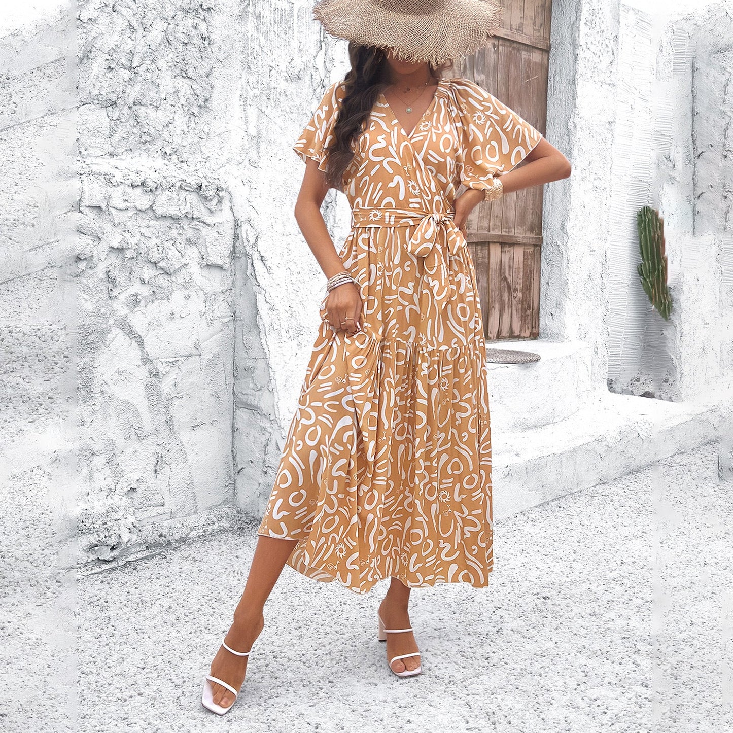 Robe midi à manches courtes géométrique chic Amelie Morin