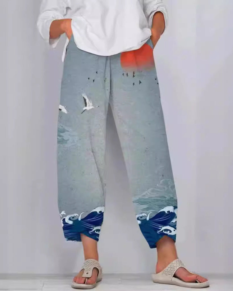 Pantalon en lin artistique Amelie Morin à motif 3D