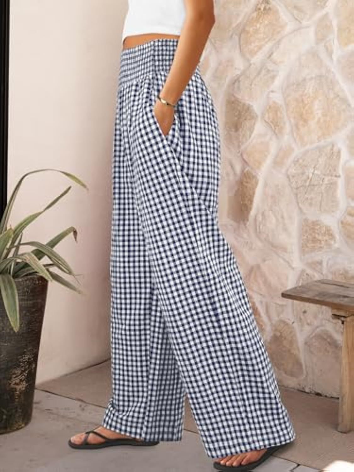 Pantalon décontracté à carreaux, coupe ample, jambes larges, avec poches