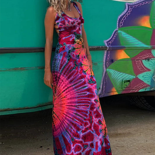Vibrant Geometric Elizabeth Ainsley Backless Maxi Dress