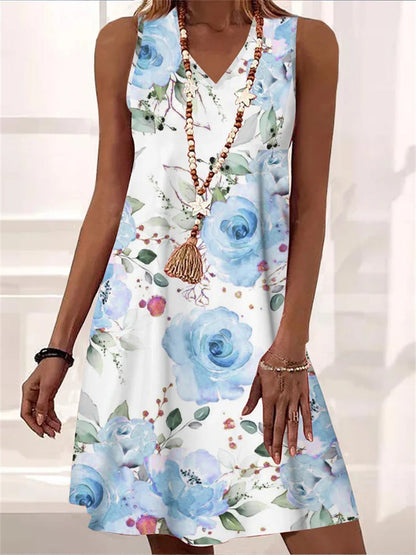 Robe sans manches à col en V fleurie par Amélie Morin