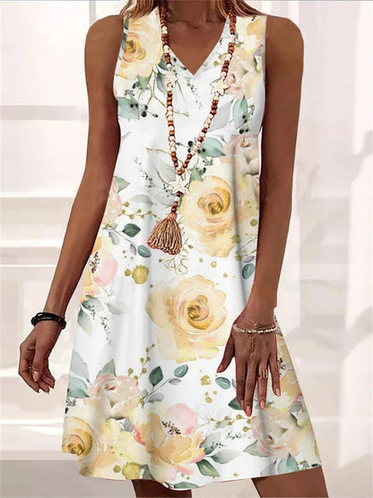 Robe sans manches à col en V fleurie par Amélie Morin
