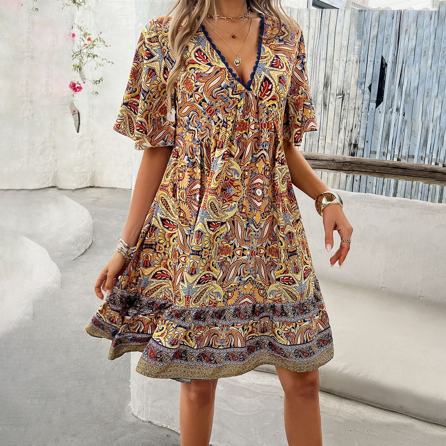 Robe bohème imprimée à col en V par Amélie Morin