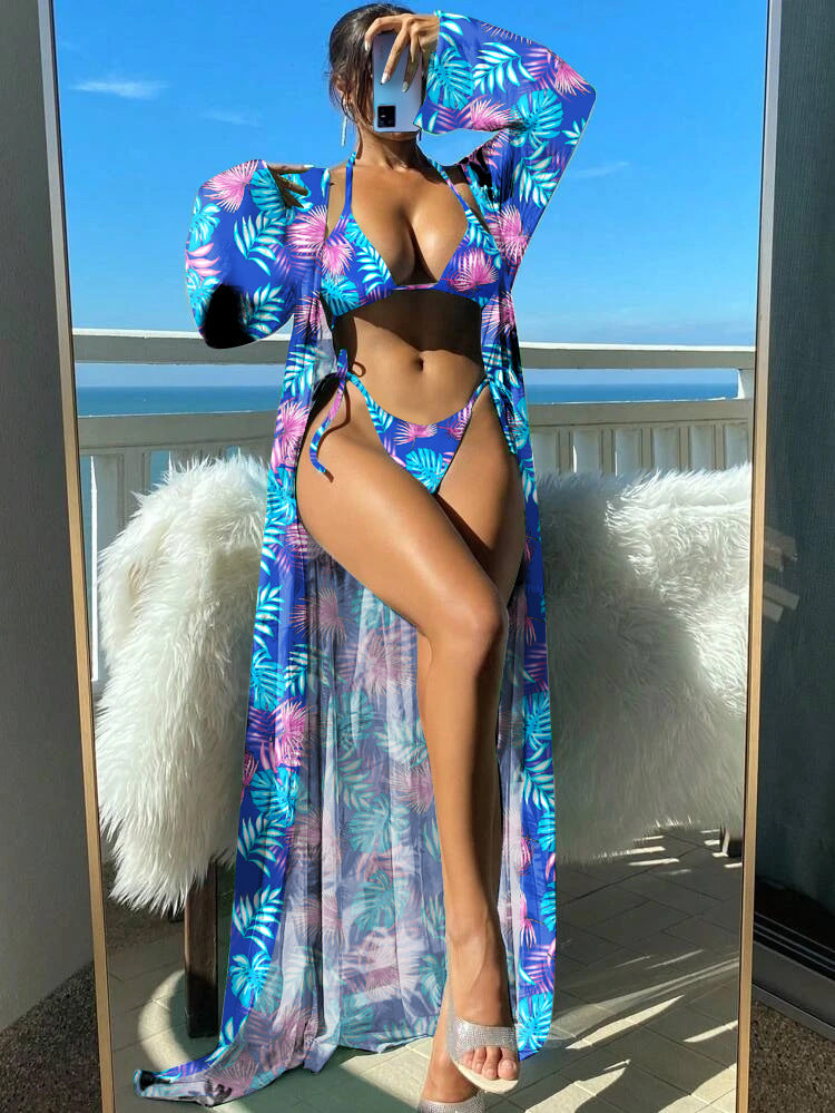 Ensemble bikini à manches longues Amélie Morin à imprimé floral vibrant