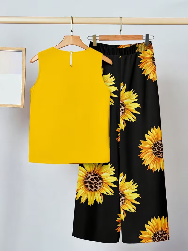 Ensemble deux pièces imprimé tendance pour femme : débardeur asymétrique sans manches et pantalon.