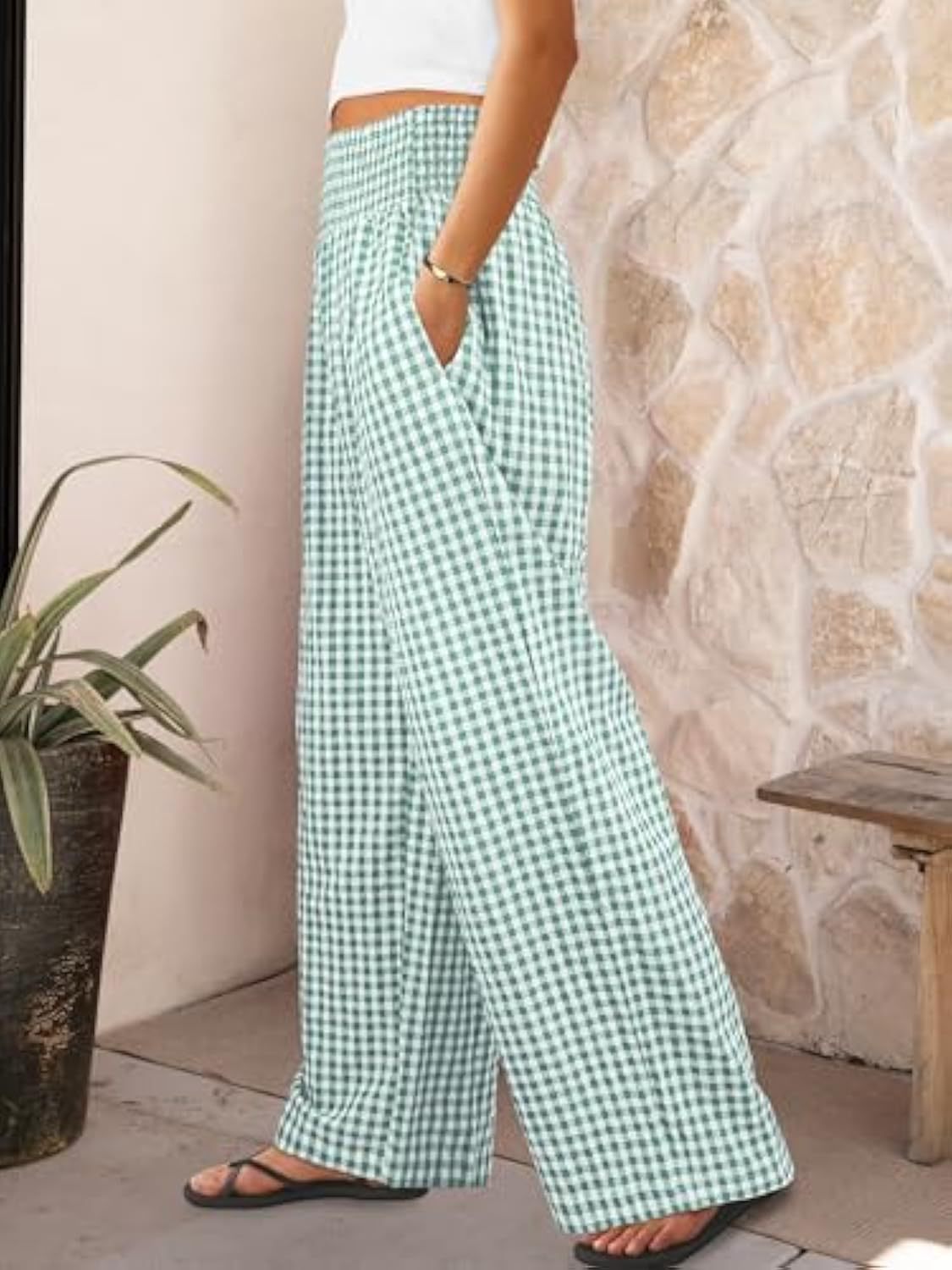 Pantalon décontracté à carreaux, coupe ample, jambes larges, avec poches